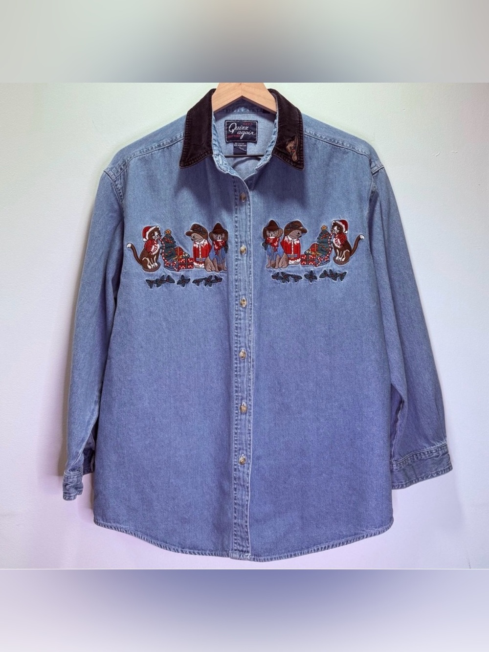 Vintage 90s Let’s Quiz Again Denim Christmas Cowboy Cats Shirt Western  L